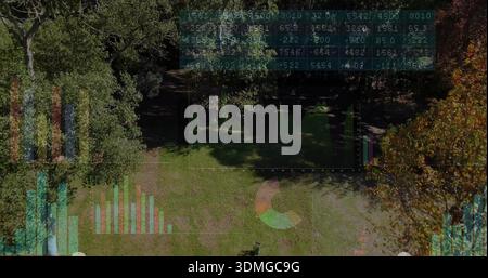 Displaying grassy clearing showing dappled sunlight, faint data charts, bench and trail in grove Stock Photo