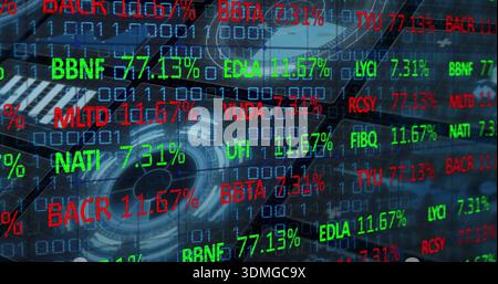 Displaying layered digital market UI updating trading screen, showing tickers and HUD Stock Photo