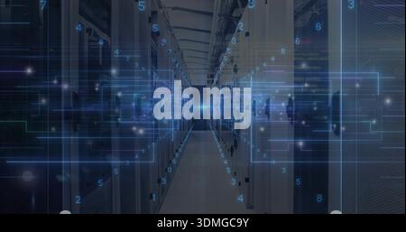 Showing central aisle extending inside data center, with server racks, holographic overlays, LEDs Stock Photo