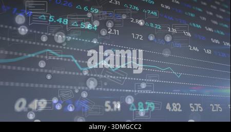 Displaying centered dashboard visual with teal line chart, floating numeric labels, profile icons Stock Photo