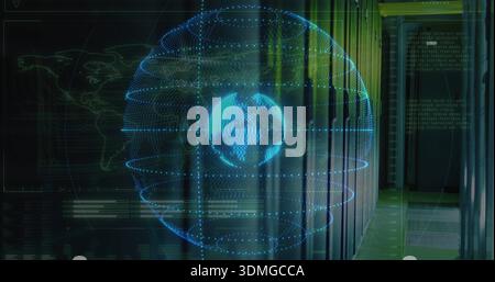 Glowing holographic blue globe floating in data center corridor, with server racks and UI overlays Stock Photo