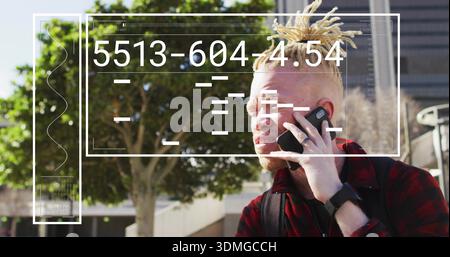 Talking man in plaid jacket using smartphone on campus steps, with backpack, overlay, copy space Stock Photo