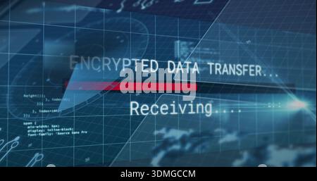 Displaying Receiving status and red-bar on cyber dashboard with ENCRYPTED-header, blue-grid, flare Stock Photo