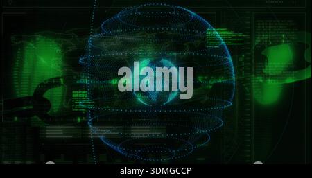 Rotating 3D hologram globe emitting dotted rings and streaming code on dashboard, chain-link Stock Photo
