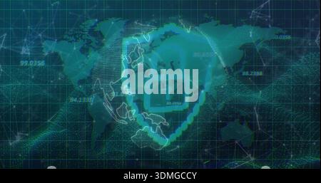 Displaying centered glowing shield protecting Asia-Pacific map grid, with pixelated padlock icon Stock Photo
