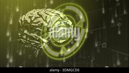 Dominating metallic brain floating left of center in digital grid, with neon rings, binary digits Stock Photo