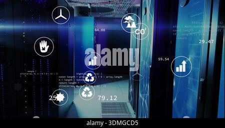 Glowing server racks casting cool blue light down central aisle, displaying LED telemetry overlays Stock Photo