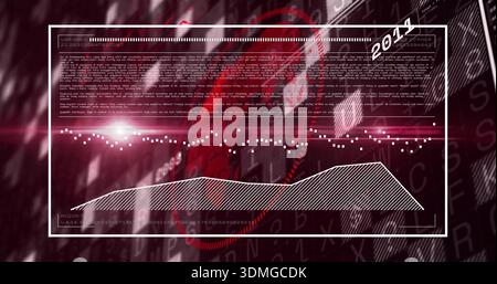 Showing white data panel in dark red interface displaying dotted stream, area chart, radar rings Stock Photo