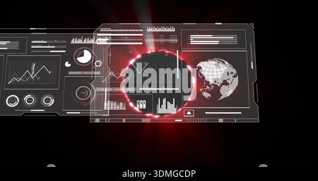Displaying HUD panel spanning center across black void, showing red energy ring, pixelated globe Stock Photo