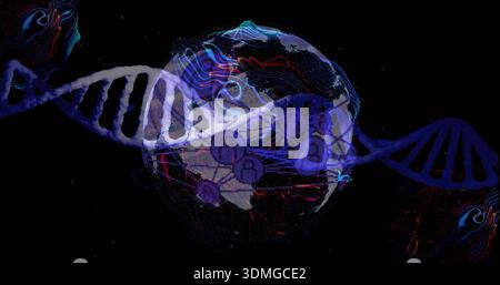 Rotating translucent globe displaying luminous DNA helix in digital void, with profile icons Stock Photo