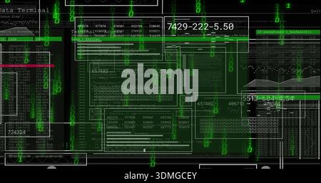 Displaying terminal windows and wireframe panels on dark dashboard, showing green binary digits Stock Photo