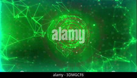 Displaying neon green holographic globe pulsing in virtual cyberspace, with HUD rings and nodes Stock Photo