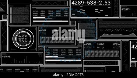 Displaying dashboard on dark monitor, showing framed panels, circular gauge, charts, dashed lines Stock Photo