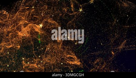 Swirling golden particle cloud with tiny glowing specks and metallic stars drifting in cosmic scene Stock Photo