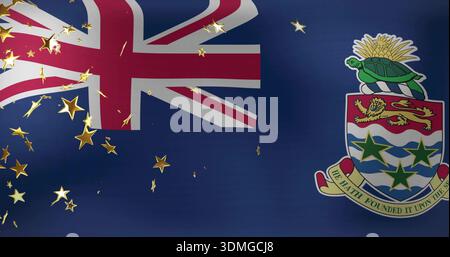 Displaying Cayman flag filling frame on navy field, with Union Jack, coat of arms, gold confetti Stock Photo