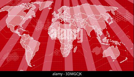 Displaying world map centered on red grid backdrop, showing white borders, connector lines, dots Stock Photo
