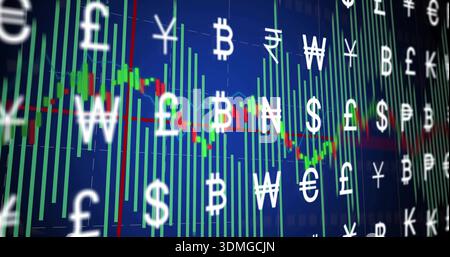 Displaying market chart on dark blue screen, showing green candles, price lines, grid and symbols Stock Photo