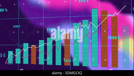 Displaying finance chart on screen, teal-orange bars with magenta and white lines, currency labels Stock Photo