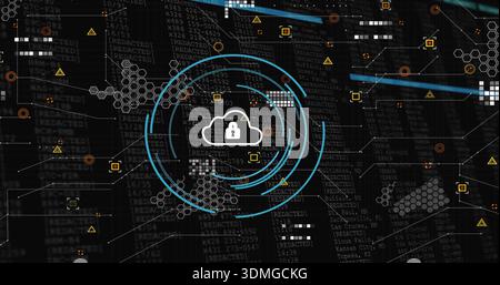 Displaying cloud with padlock rotating inside turquoise rings in cyber dashboard, hexagonal nodes Stock Photo