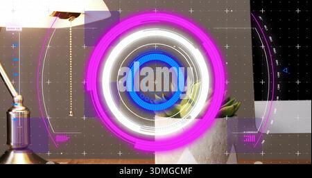 Displaying AR circular HUD overlay on wooden desk in home office, showing lamp, succulent, monitor Stock Photo