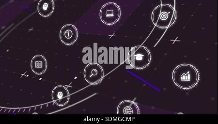 Connecting glowing UI icons floating across dark purple screen, showing search and laptop icons Stock Photo