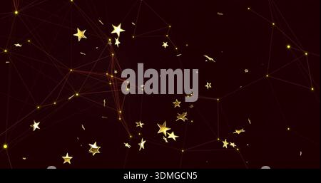 Gleaming center cluster of gold 5-pointed stars and glowing nodes forming mesh on burgundy backdrop Stock Photo