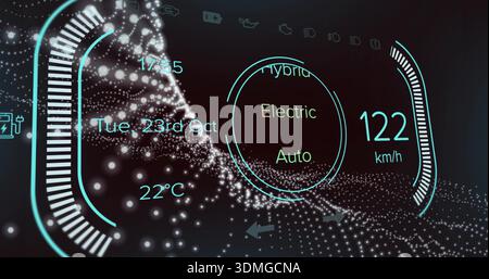 Showing HUD in dash, displaying mode gauge, 122 km or h speed, segmented gauges, icons, particles Stock Photo