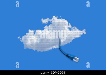 Cumulus cloud with binary data with ethernet cable Stock Photo