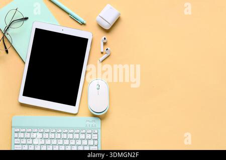 Composition with different modern gadgets and stationery on beige background Stock Photo