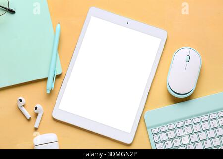 Composition with different modern gadgets and stationery on beige background, closeup Stock Photo