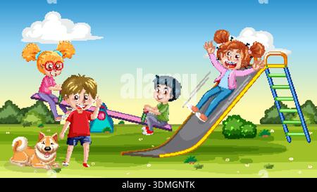 Cartoon illustration of diverse kids enjoying playground equipment on a bright green grass field Stock Vector