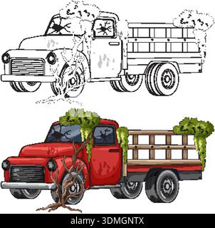 Old red truck covered in moss and vines, detailed vector style, isolated on white background Stock Vector