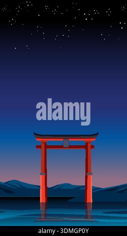 Flat vector illustration of a red shrine gate reflecting in water under a starry sky Stock Vector