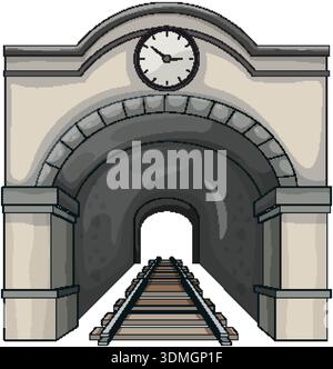 Vector railway tunnel entrance with stone arch, front view perspective, isolated on white background Stock Vector