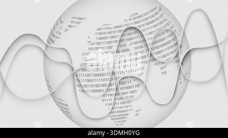 Digital globe with binary code and wavy lines representing technology and data flow Stock Photo