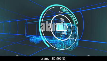 Displaying wireframe semi-truck and trailer moving in virtual tunnel, with HUD showing Eco pump 67% Stock Photo