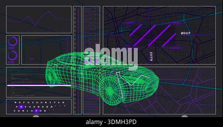 Displaying neon-green wireframe 3D car model overlaying map pane with purple highlight bars, graphs Stock Photo