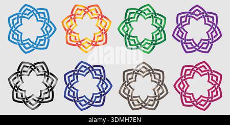 Set of geometric rosette shaped outline badges arranged in rows. Stock Vector