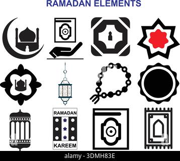 Set of Islamic themed symbols including mosque, lantern, and crescent. Stock Vector