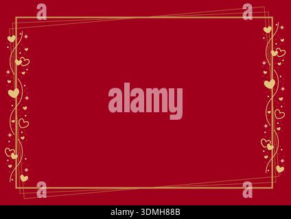 Yellow Gold Rectangular Border Frame Decorated With Love Hearts Pattern Ornament On Red Background Stock Vector