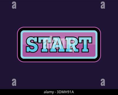 Neon style start button badge with glowing outline and bold text on a dark background Stock Vector