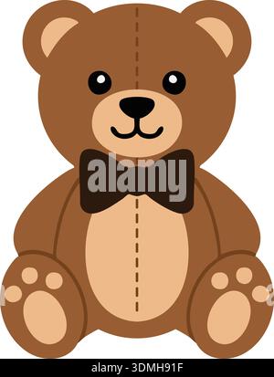 Cute teddy bear sitting with a bow tie and stitched belly details in a flat style Stock Vector