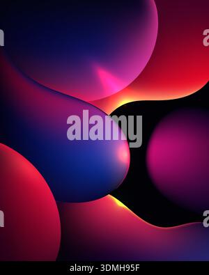 modern vibrant 3d abstract background of glowing neon fluid spheres on dark backdrop, futuristic depth and energy digital media and tech websites Stock Vector
