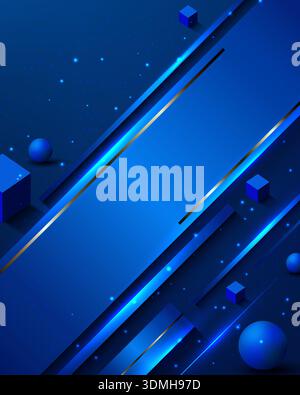Abstract blue technology background with 3D geometric shapes and neon glowing lines for futuristic digital presentations and high tech corporate banne Stock Vector