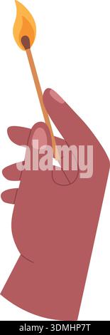 Burning matchstick in human hand. Fire starting color icon Stock Vector