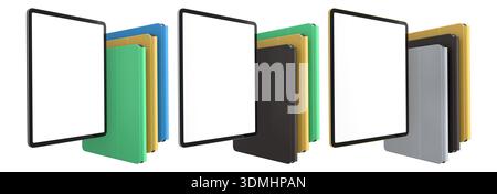 Multiple black-framed digital tablets stacked with colorful sheets, isolated on white background Stock Photo