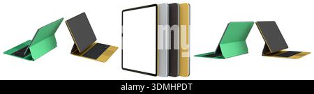 Multiple black-framed digital tablets stacked with colorful sheets, isolated on white background Stock Photo
