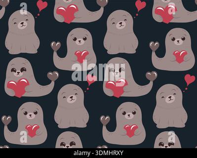Seamless pattern of cute cartoon seals holding hearts. Texture cute naive creatures playful and friendly illustration style on a dark background. Stock Vector