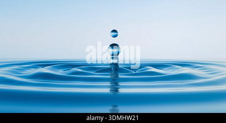 Water Drop Splash Creating Circular Ripples on Blue Surface. High quality photo Stock Photo