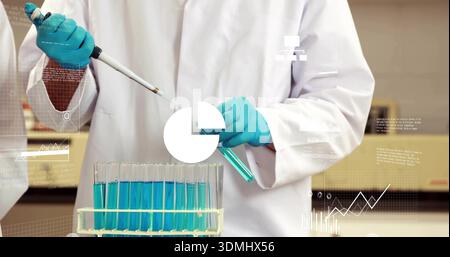 Pipetting tech white coat teal gloves using pipette filling test tube at lab bench data overlays Stock Photo
